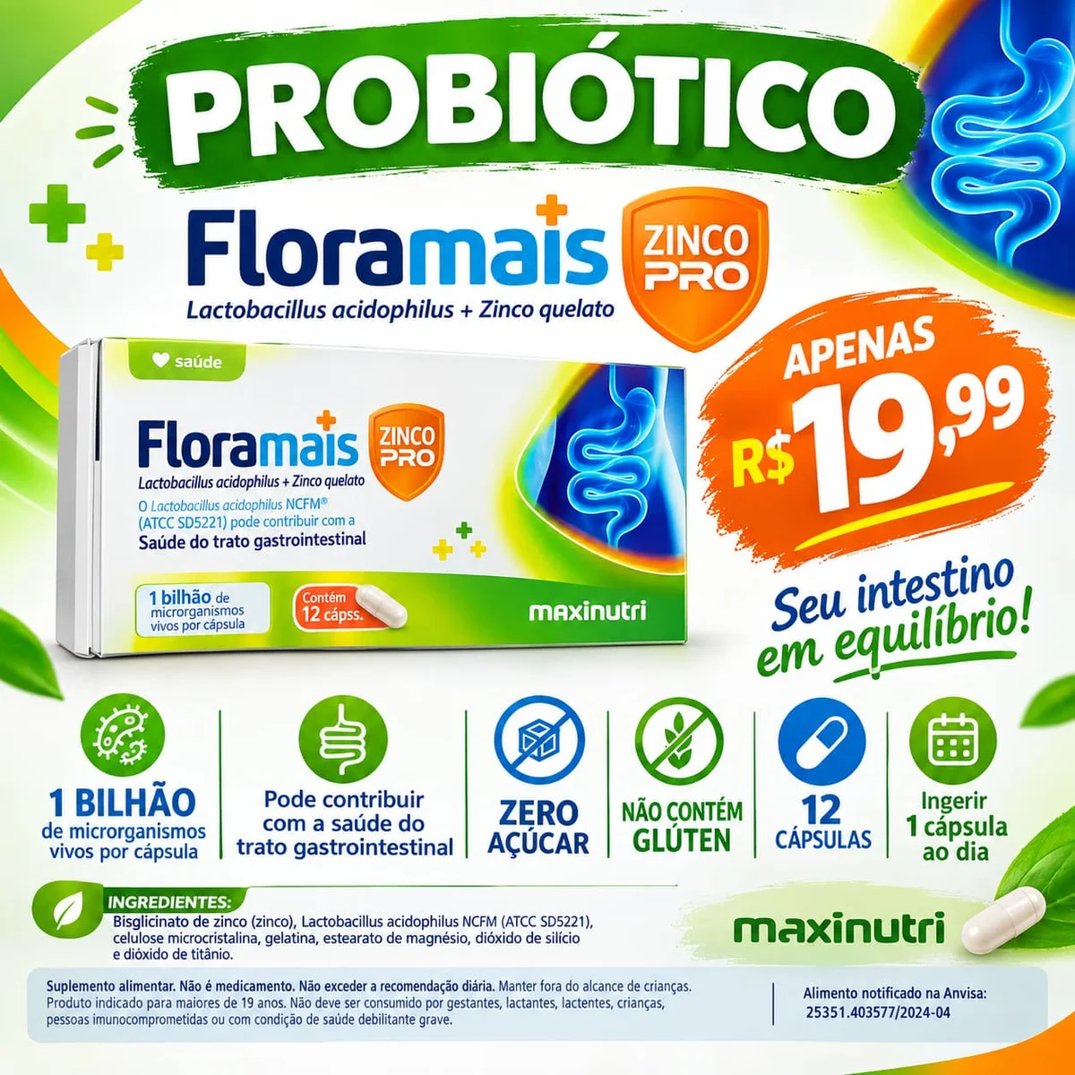Floramais Zinco Pro Probiótico 12 cápsulas